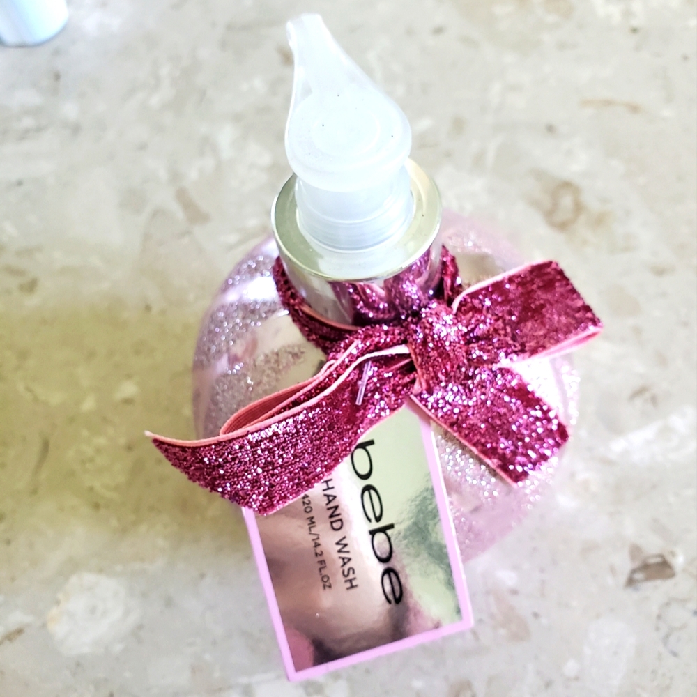 Adorable pink bebe holiday hand wash soap, Christmas ornament soap bottle gift